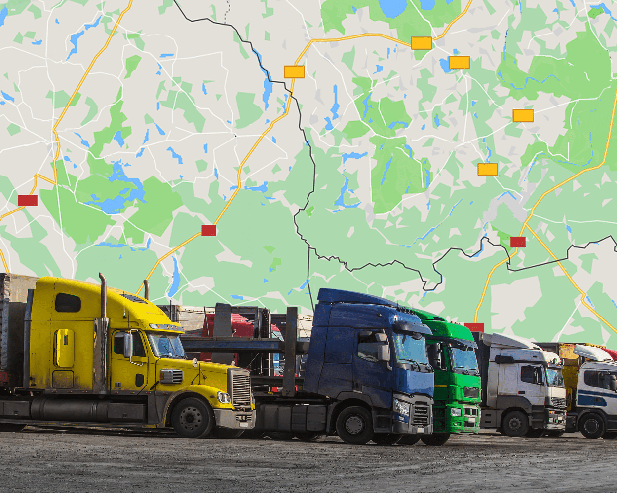 A row of commercial trucks parked in front of a background of a map