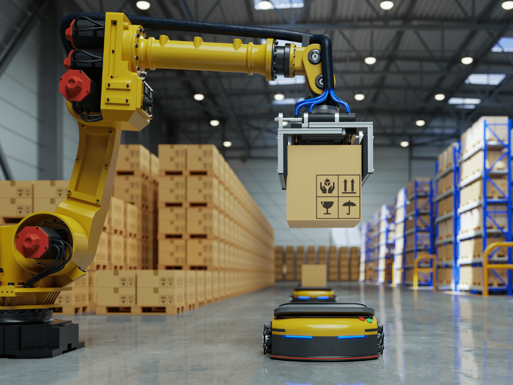 A robotic arm holding a package in a warehouse